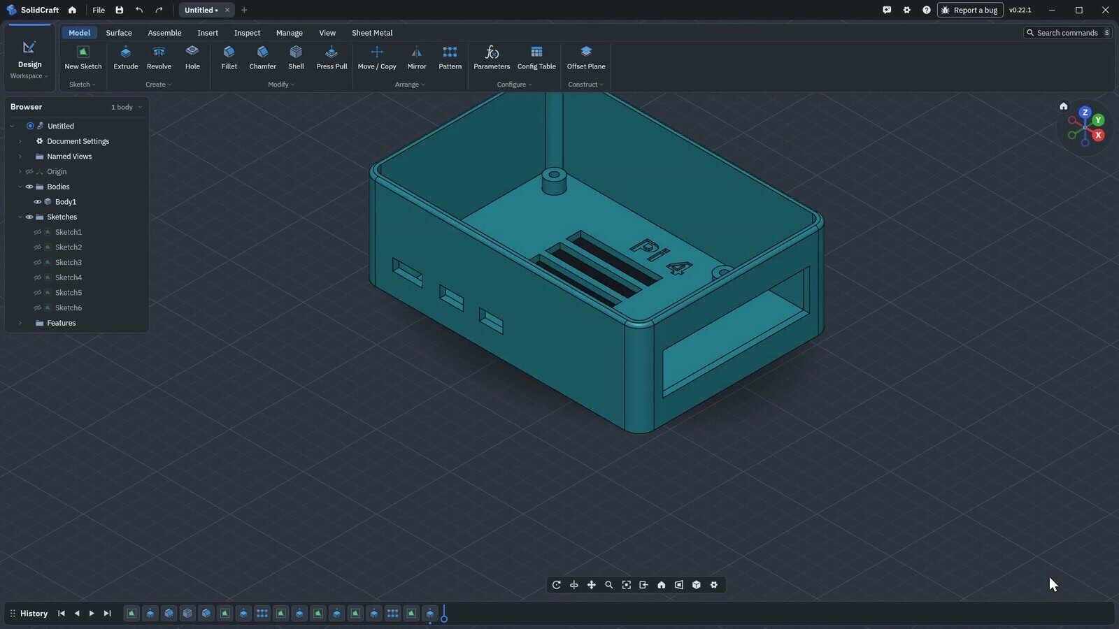 Okno programu SolidCraft z modelem obudowy Raspberry Pi i osią czasu operacji