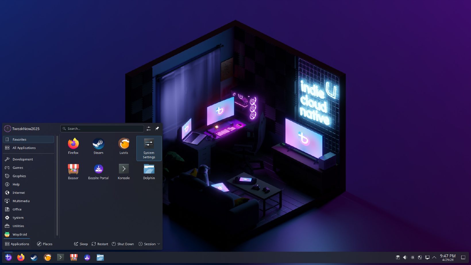 Pulpit KDE Plasma w Bazzite z otwartym menu programów
