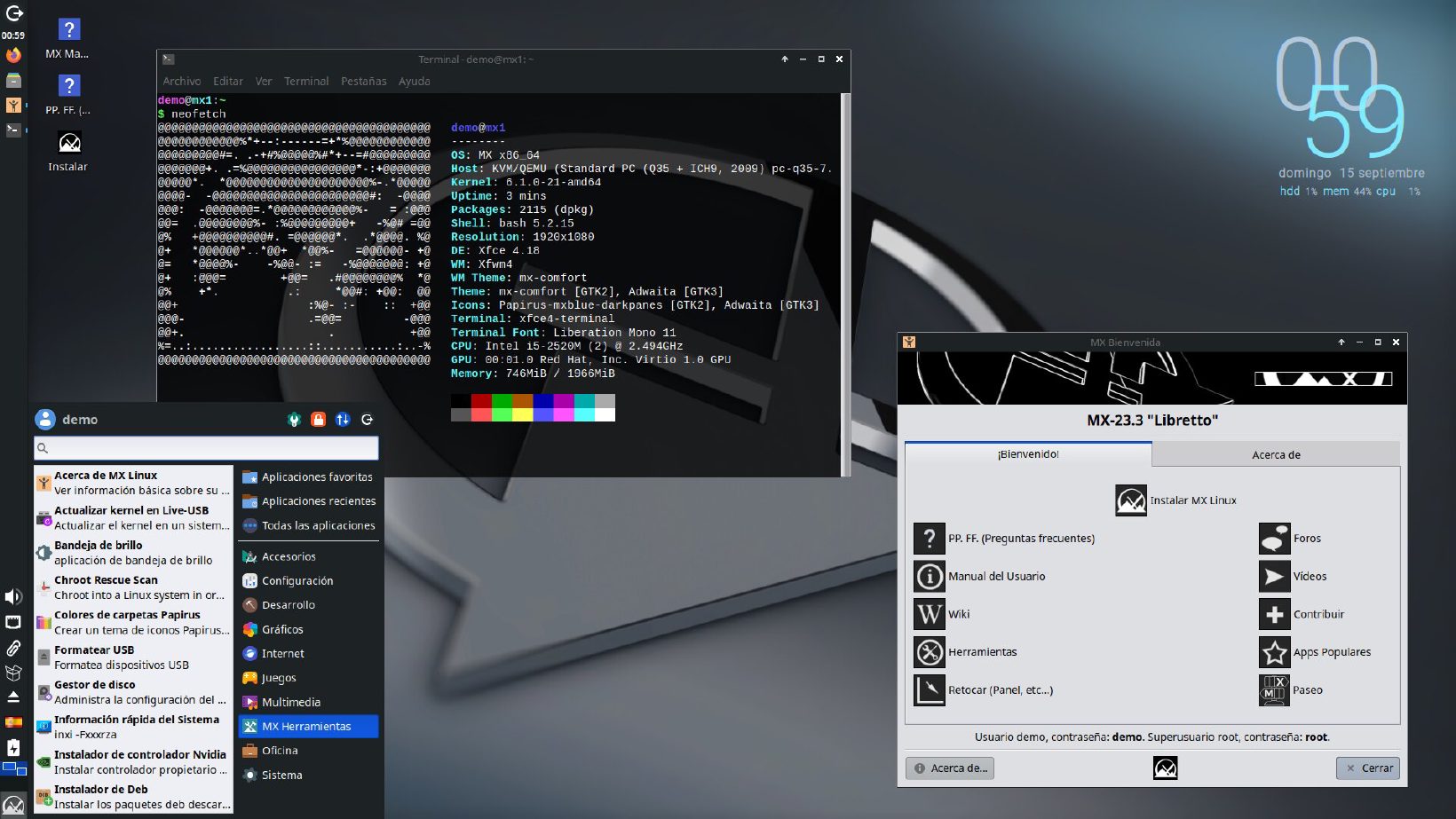 Pulpit MX Linux z Xfce, menu i narzędziami MX