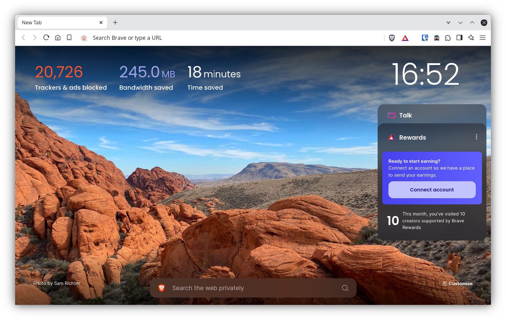 Nowa karta w Brave ze statystyką zablokowanych reklam i trackerów