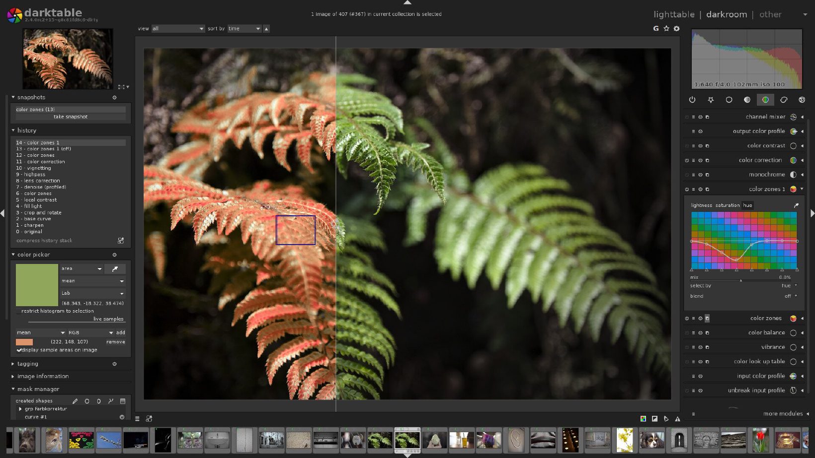 darktable w trybie ciemni z otwartym zdjęciem