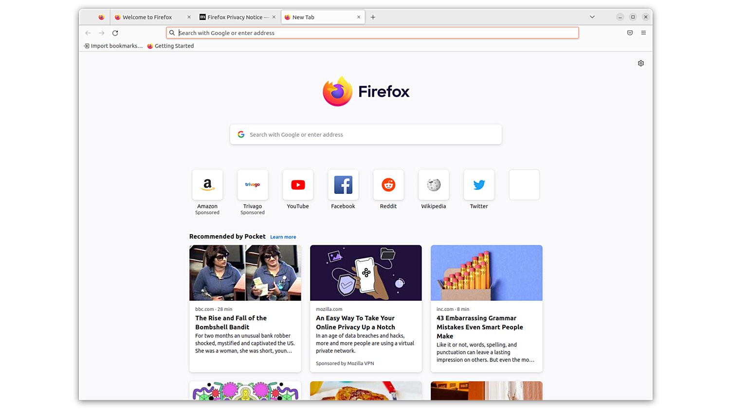 Okno przeglądarki Firefox ze stroną startową