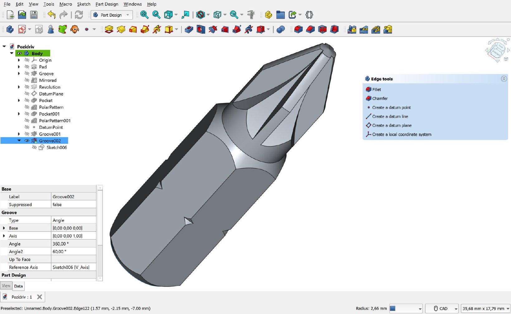 Okno FreeCAD z modelem części w środowisku Part Design