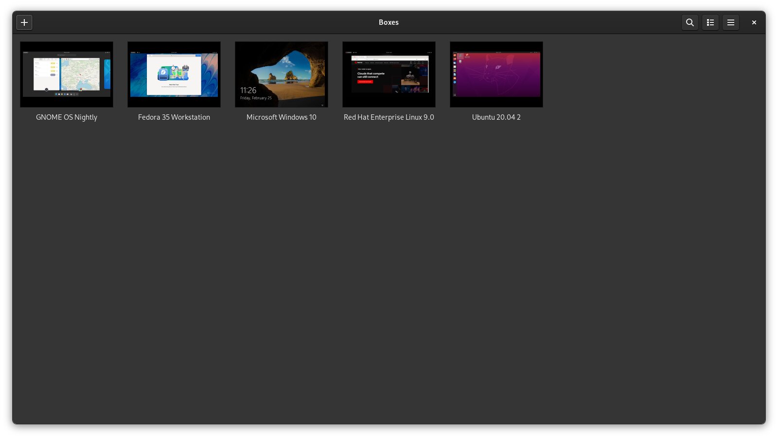 GNOME Boxes z listą maszyn wirtualnych: Fedora, Windows, Ubuntu