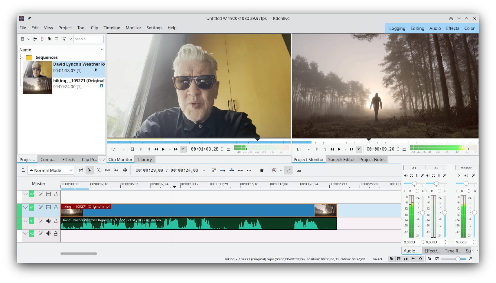 Okno programu Kdenlive z osią czasu i podglądem wideo