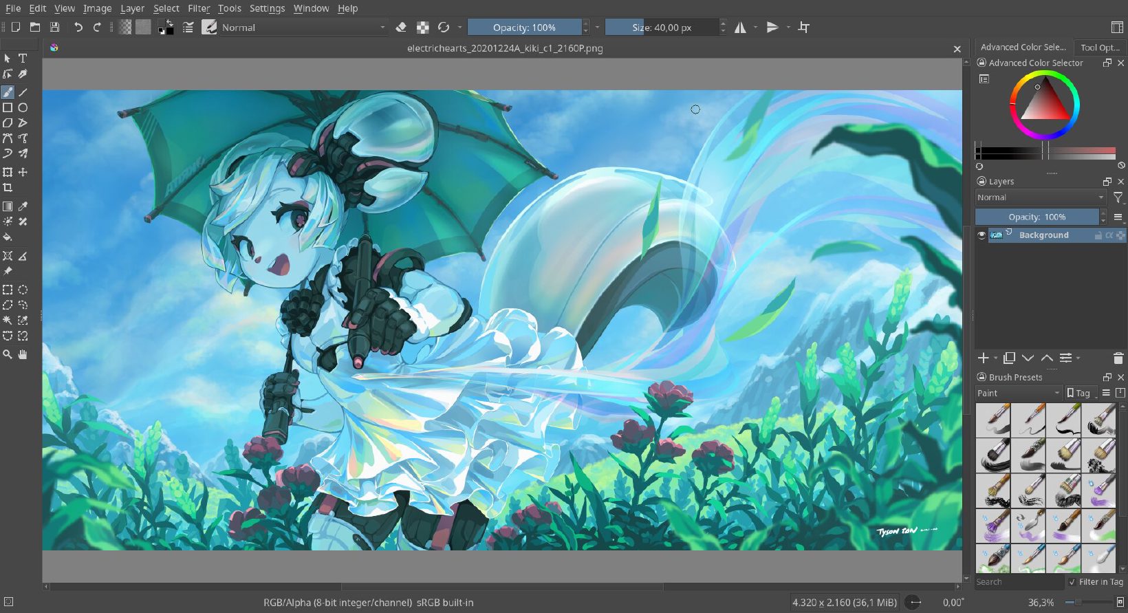 Okno programu Krita z ilustracją, pędzlami i paletą kolorów