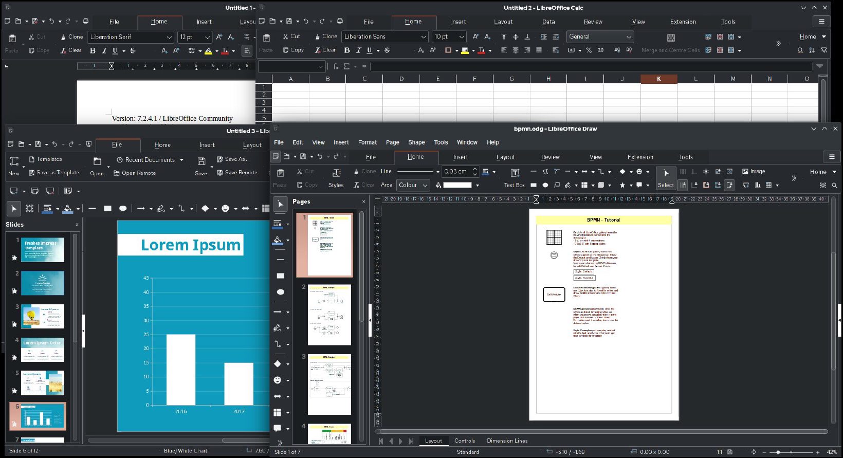 LibreOffice Writer, Calc, Impress i Draw z interfejsem na kartach