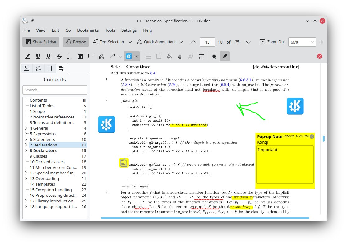 Okular z dokumentem PDF, spisem treści i notatkami