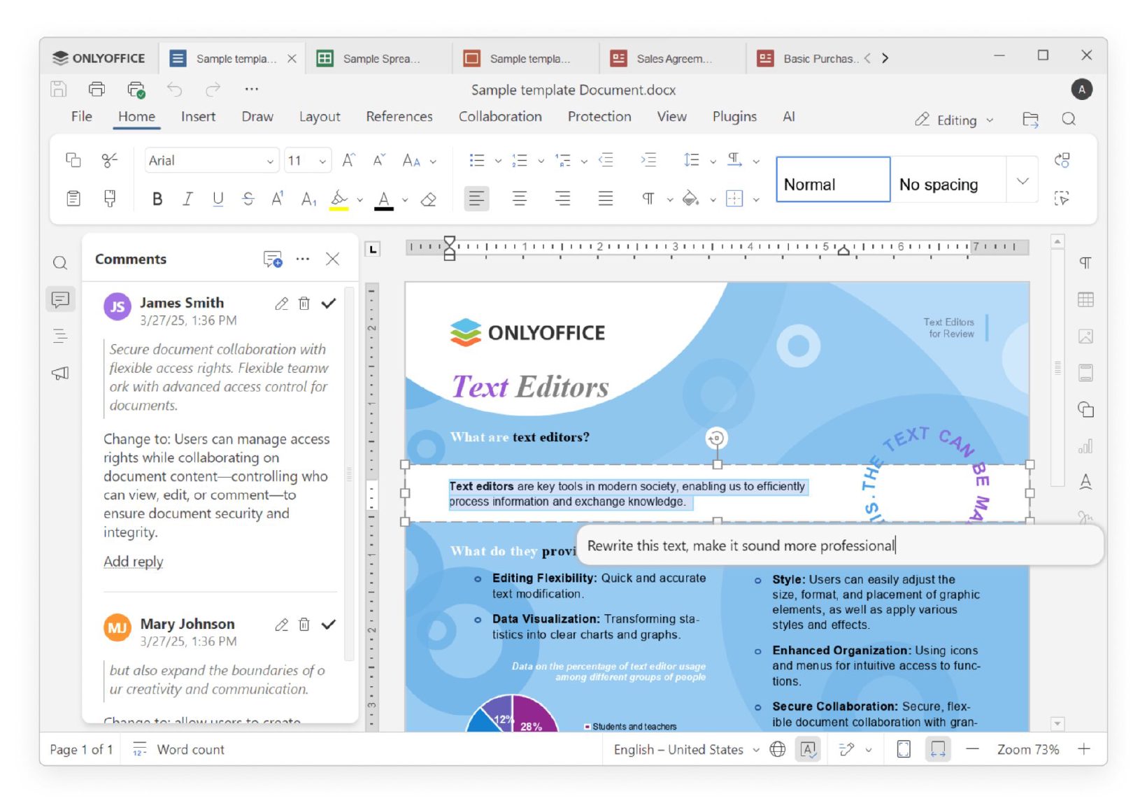Edytor tekstu OnlyOffice ze wstążką i komentarzami