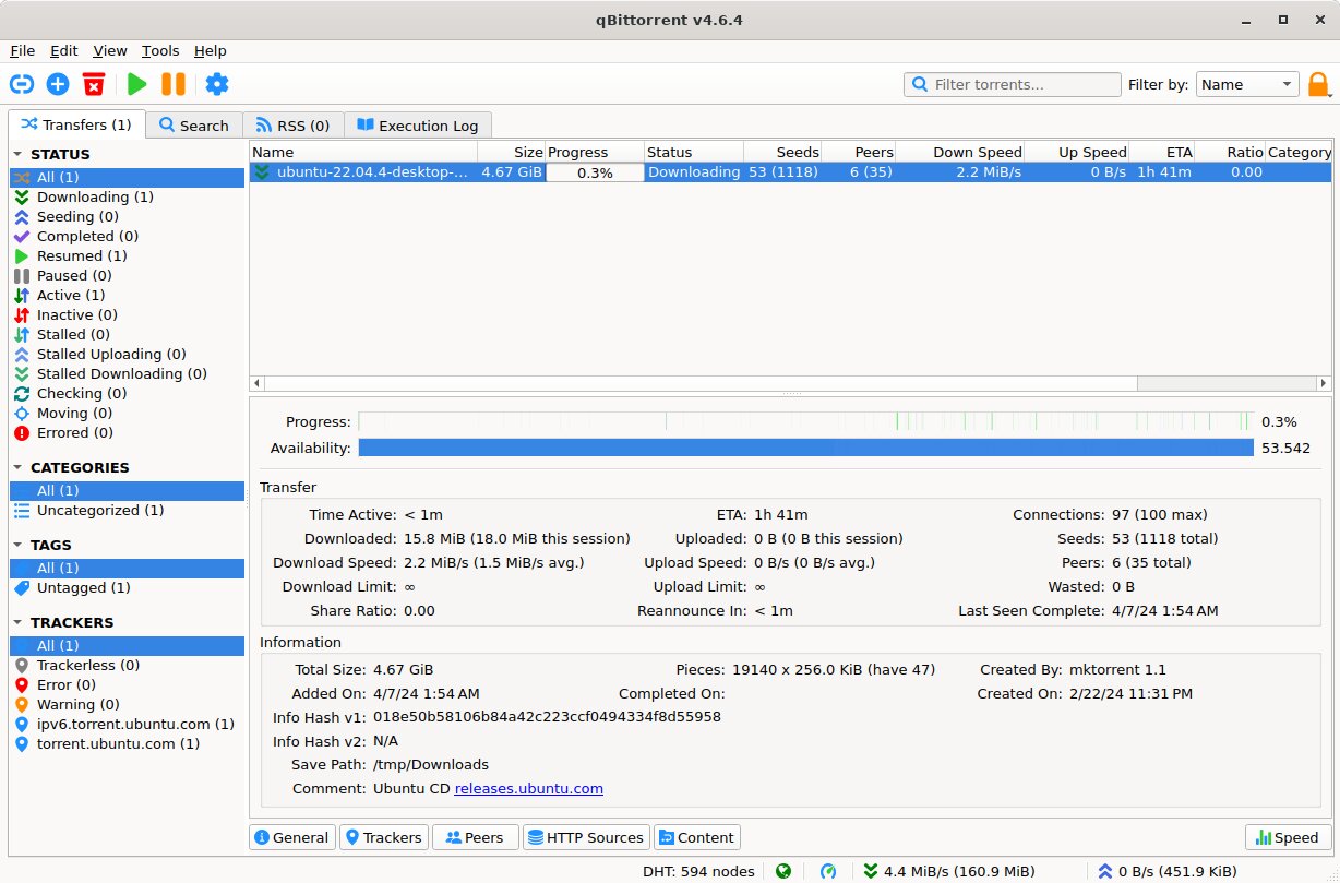 Główne okno qBittorrent z pobieranym plikiem i szczegółami