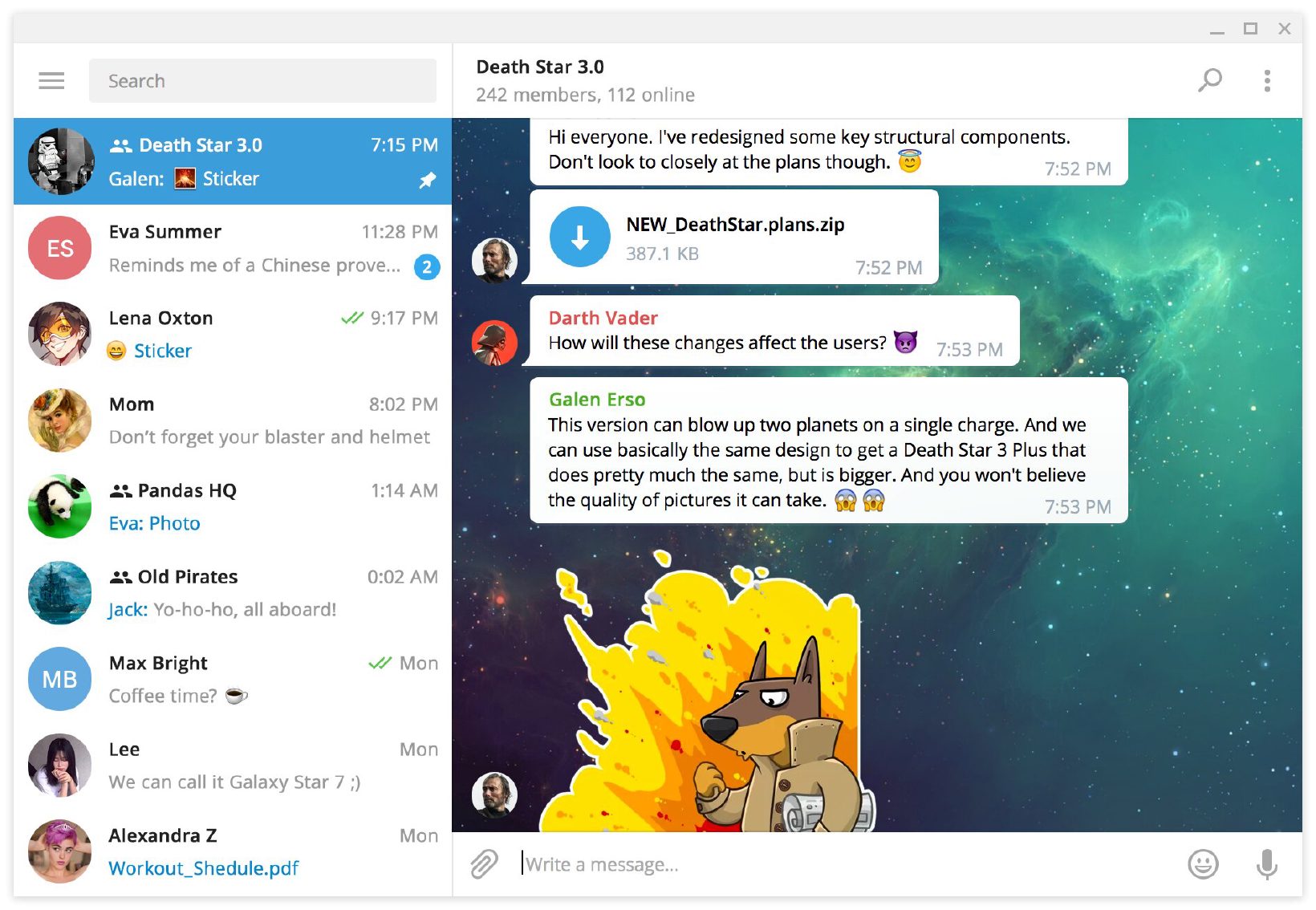 Okno Telegram Desktop z listą rozmów i czatem grupowym