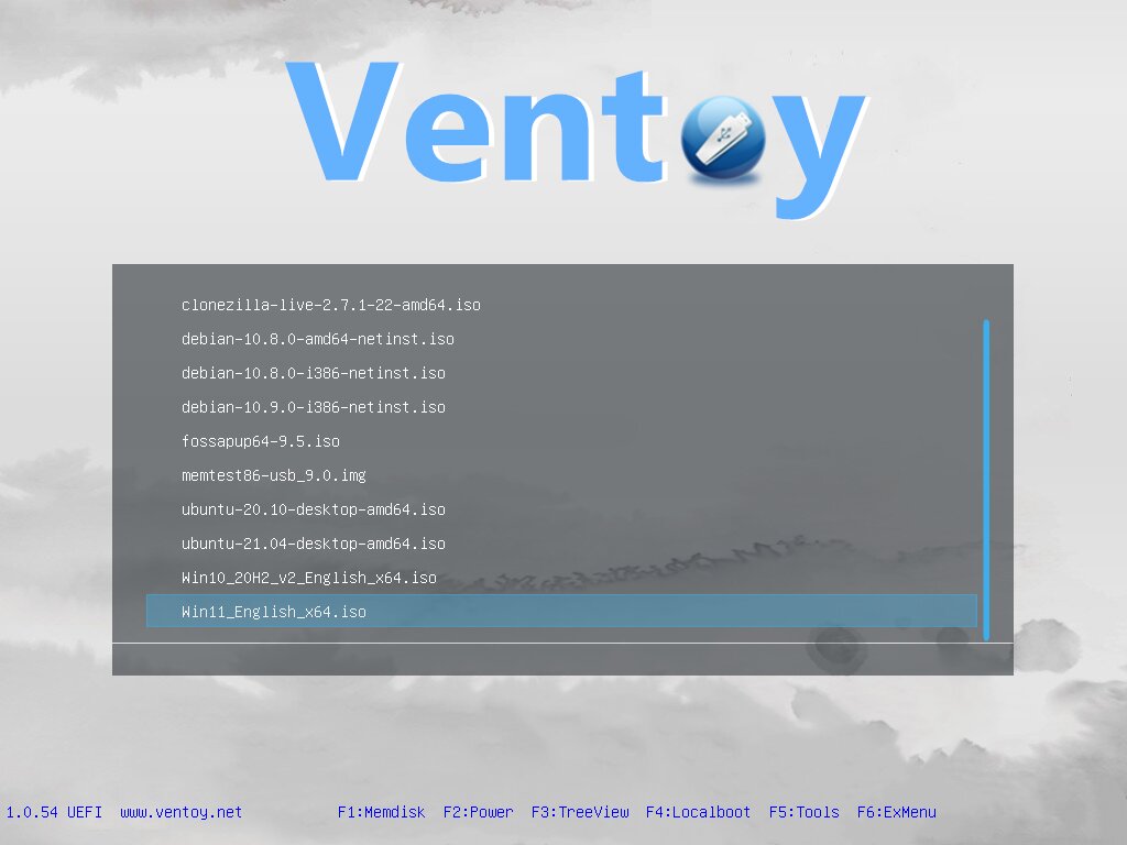 Menu startowe Ventoy z listą obrazów ISO różnych systemów